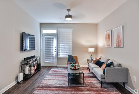 a living room with a couch and a coffee table